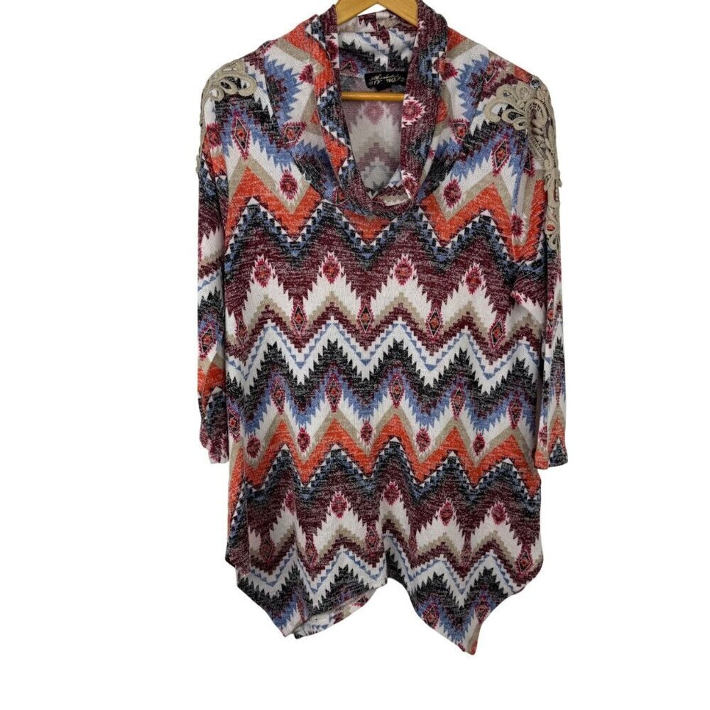 Absolutely Famous Southwestern Tunic Top Aztec Cowl Neck Crochet Size Lrg EUC